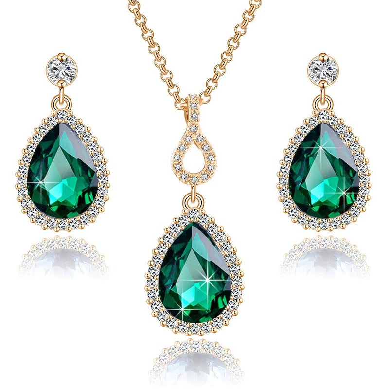 EVEVIC Austrian Crystals Teardrop Pendant Necklace Earrings for Women 14K Gold Plated Hypoallergenic Jewelry Set (Green) - Image 1